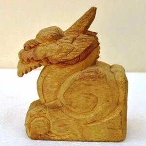 Vintage Hand Carved 5.5" X 4.5" Wooden Japanese Dragon *Signed
